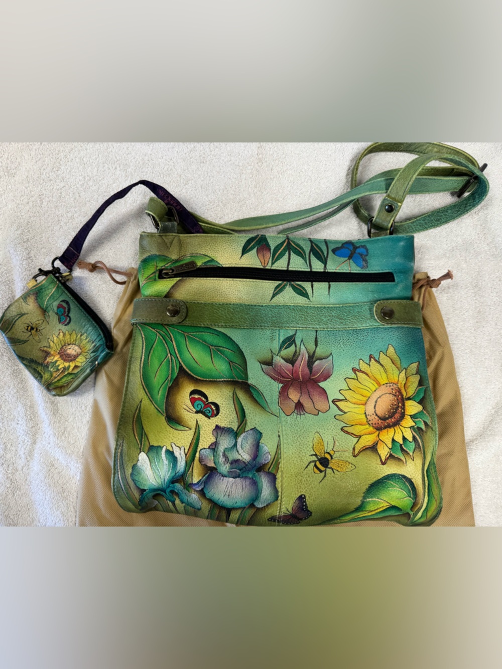 Anuschka Hand-Painted Green Floral Crossbody with Sunflower Coin Pouch